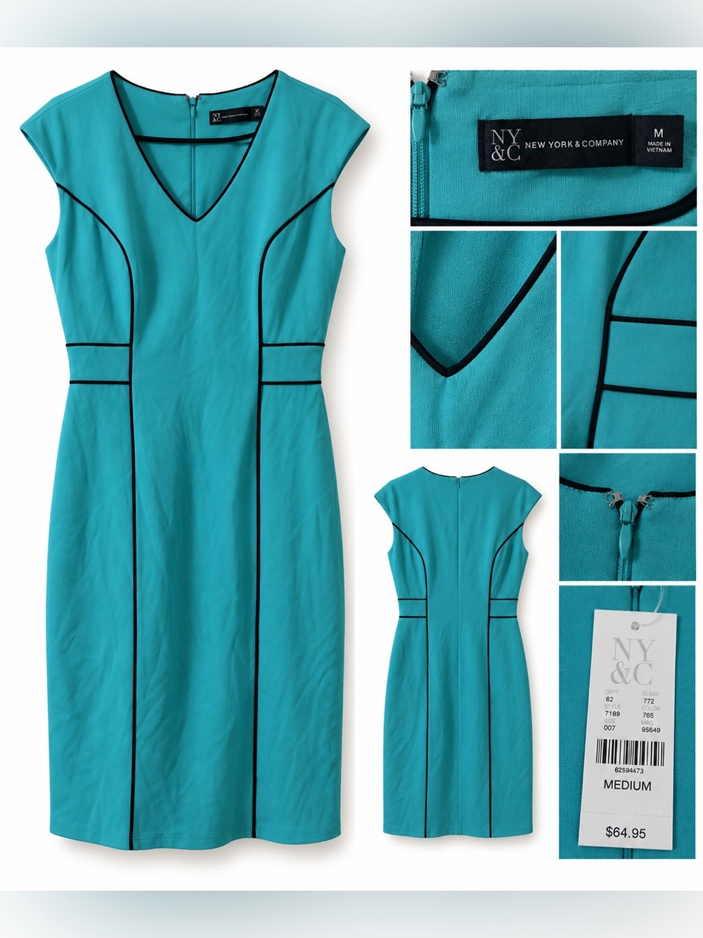 New York & Company Teal Sheath Dress with Black Piping Trim
